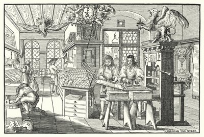 Kirjapainopajan sisustus, c1676 (kaiverrus) tekijältä European School
