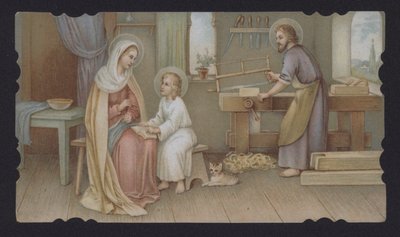 Jeesus Kristus poikana äitinsä Marian kanssa Joosefin puusepänliikkeessä (chromolitho) tekijältä European School