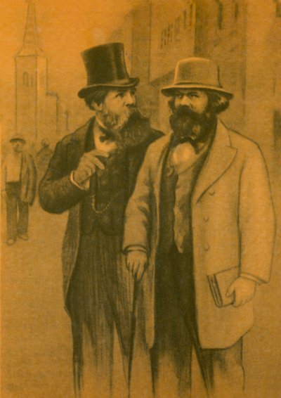 Karl Marx ja Friedrich Engels, saksalaiset kommunistiset filosofit ja taloustieteilijät (värilitografia). tekijältä European School