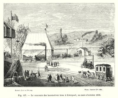 Liverpoolissa lokakuussa 1829 pidetty veturikilpailu (kaiverrus) tekijältä European School