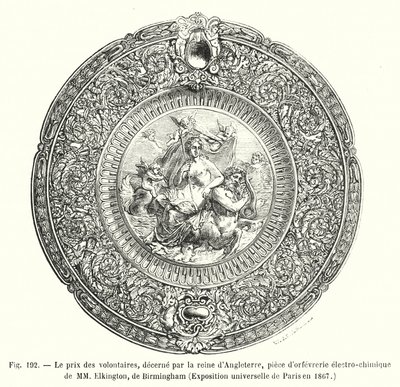 Englannin kuningattaren myöntämä palkinto vapaaehtoisille, MM Elkingtonin sähkökemiallinen kultaseppä, Birmingham, Pariisin yleisnäyttely vuonna 1867 (kaiverrus) tekijältä European School