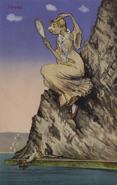 Lorelei, ihailemassa itseään peilissä (väri litho) tekijältä European School