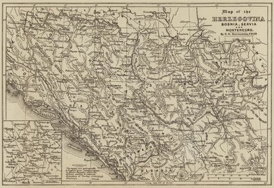 Hertsegovinan, Bosnian, Servian ja Montenegron kartta (kaiverrus) tekijältä European School