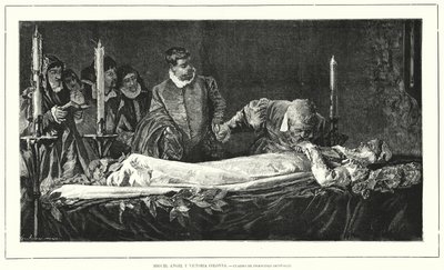 Michelangelo kunnioittaa Vittoria Colonnan ruumista (litho) tekijältä European School