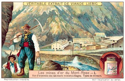 Kaivostyöläiset ja kaivosrakennukset Monte Rosan kultakaivoksissa, Italiassa (chromolitho) tekijältä European School