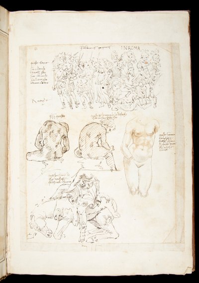 Ms 701 fl.34v, piirustus sisältäen näkymän Spinarioon takaapäin, 1400-luvun loppu (kynä ja muste paperille) tekijältä European School