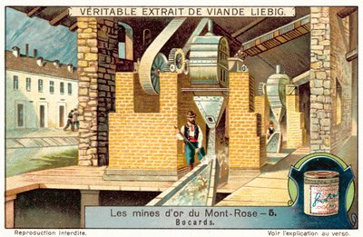 Malmitehdas Monte Rosan kultakaivoksella, Italiassa (chromolitho) tekijältä European School