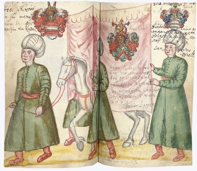 Sivuja Julius Pflugin Amicorum-albumista, mukaan lukien turkkilainen puku ja vaakuna, 1600-13 tekijältä European School