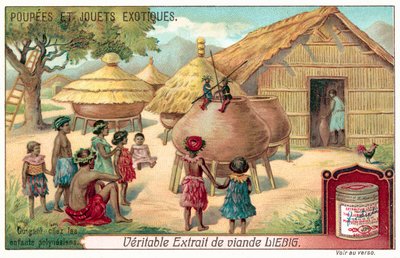Polynesialaiset lapset katsomassa nukketeatteria (chromolitho) tekijältä European School