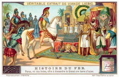 Porus, Pauravien kuningas, tarjoaa Aleksanteri Suurelle terästangon (chromolitho) tekijältä European School