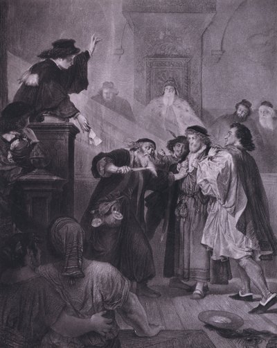 Kohtaus Shakespearen teoksesta Venetsian kauppias (näytös IV, kohtaus 1) (litho) tekijältä European School