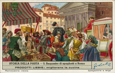 Laittomasti kaupatun spagetin takavarikointi, Rooma (chromolitho) tekijältä European School