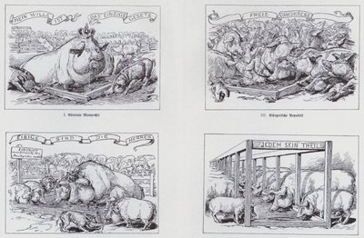 Sosialistinen sarjakuva vuodelta 1895 erilaisista hallintomuodoista (litho) tekijältä European School