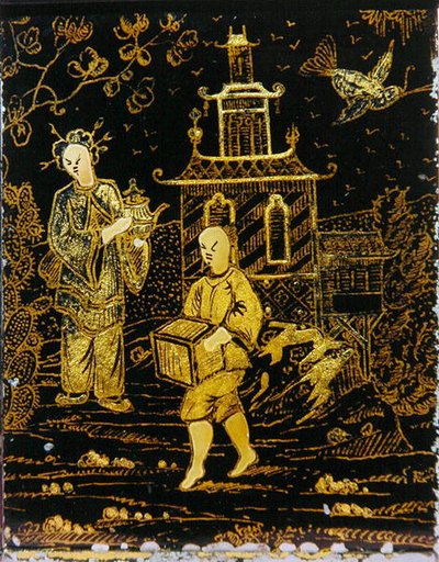 Tea Caddy kiinalaiseen tapaan kuvaa porteria ja teekannua kantavaa naista (metallia) tekijältä European School