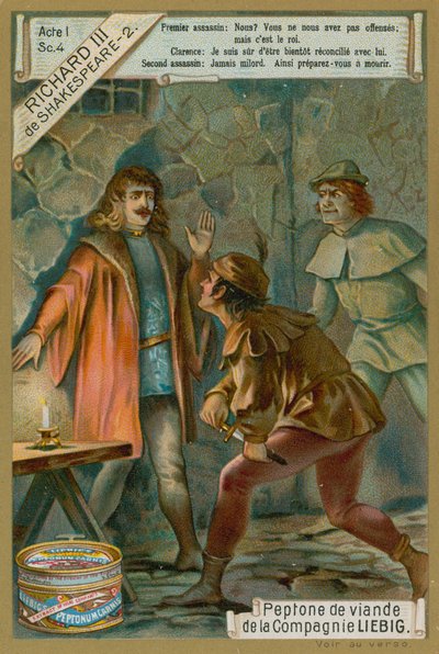 Clarencen herttua ja hänen salamurhaajat, näytös I, kohtaus IV William Shakespearen (chromolitho) "Richard III:sta" tekijältä European School