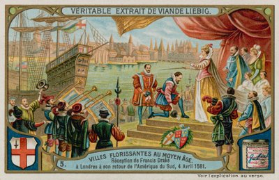 Francis Draken vastaanotto Lontooseen Etelä-Amerikasta vuonna 1581 (chromolitho) tekijältä European School