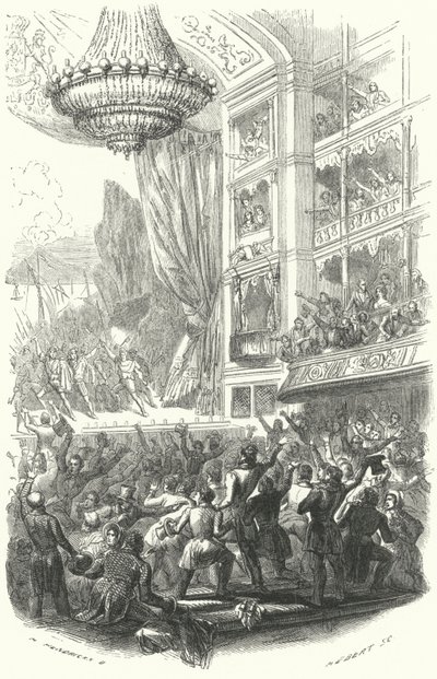 Belgian vallankumouksen alku: Daniel Auberin oopperan La Muette de Porcini esitys Theater de la Monnaiessa Brysselissä, 25. elokuuta 1830 (kaiverrus) tekijältä European School