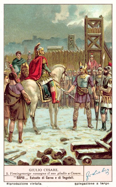 Vercingetorix luovuttamassa miekkansa Julius Caesarille Alesian piirityksen jälkeen, 52 eKr. (chromolitho) tekijältä European School