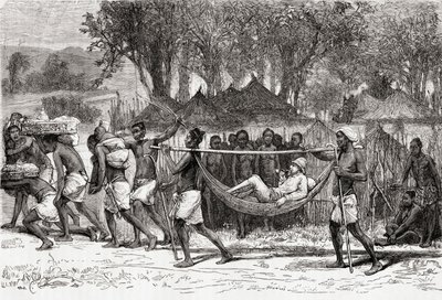 Verney Lovett Cameron saapuu Oulondan kylään Afrikassa, 1878 (puukaiverrus) tekijältä European School