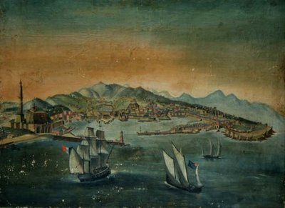 Näkymä satamasta, jossa on majakka niemellä, n.1800. tekijältä European School