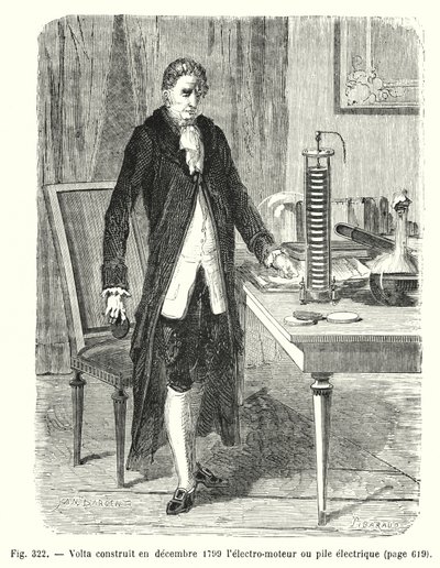 Volta rakentaa joulukuussa 1799 sähkömoottorin tai sähköpaalun (kaiverrus) tekijältä European School