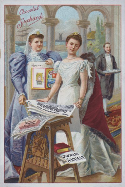 Nainen sanomalehden kanssa, mainos Suchard-suklaasta (chromolitho) tekijältä European School