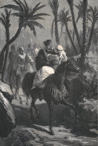 Cervantes ratsastaa naisen kanssa keitaassa tekijältä Eusebio Planas