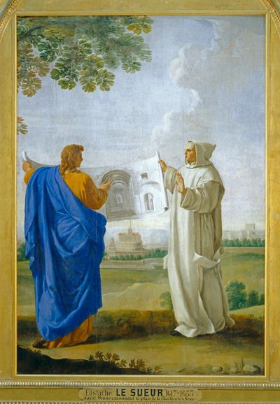 Pyhä Bruno tutkii piirustusta Diocletienin lämpökylpylästä, joka on Rooman kartanon tuleva sijaintipaikka ... tekijältä Eustache (studio of) Le Sueur