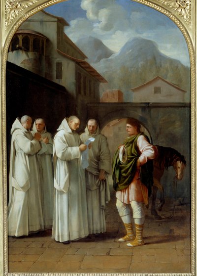 Pyhä Bruno (1030-1101), Karthusian ritarikunnan perustaja saa viestin paavi Urbanus II:lta (Urbano II) tekijältä Eustache Le Sueur