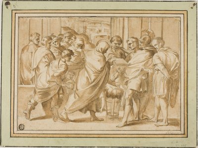 Kohtaus Rooman historiasta, verhottu hahmo esittelee kirjaa hallitsijalle tekijältä Eustache Le Sueur