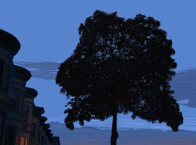 9th Street ja Oak Tree At Dawn, 2025 (digitaalista taidetta) tekijältä Evan Sklar