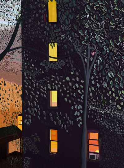 Rakennusten takaosat yöllä Brooklyn (digitaalista taidetta) tekijältä Evan Sklar