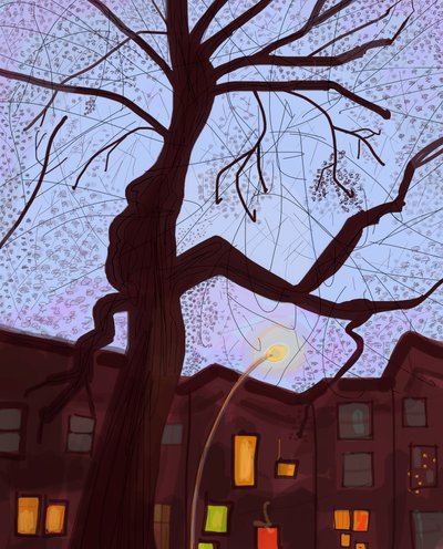 Brooklyn Brownstone Street At Dusk, 2016 (käsin piirretty iPadilla Apple-kynällä). tekijältä Evan Sklar