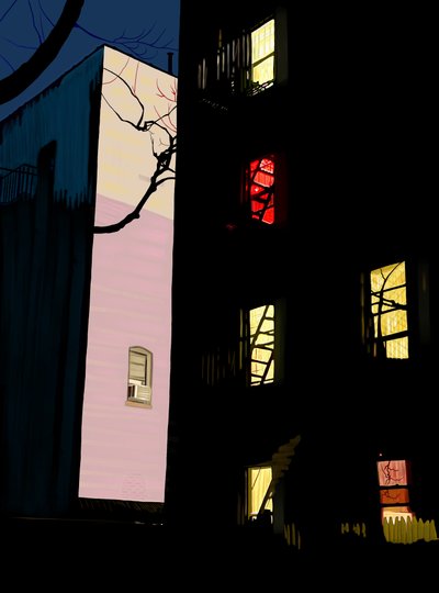 Värikkäät ikkunat kerrostalojen yöllä Brooklyn (digitaalista taidetta) tekijältä Evan Sklar