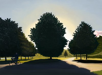 Pyöräilijä, aamunkoitto, Hyde Park (digitaalista taidetta) tekijältä Evan Sklar