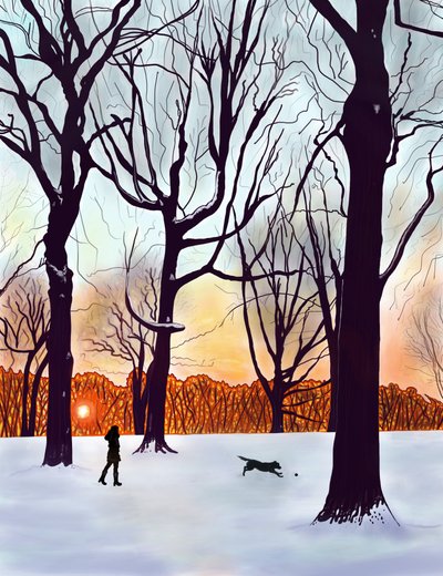 Koira lumessa, Brooklyn (digitaalista taidetta) tekijältä Evan Sklar