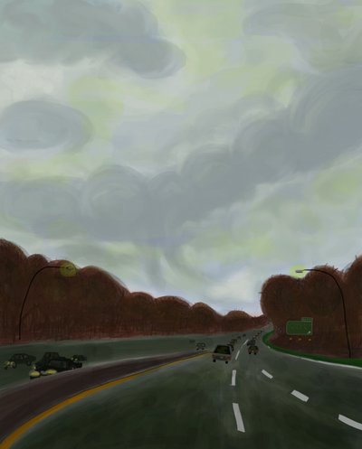 Ajo Long Island Expresswaylla, 2017 (käsin piirretty iPadilla ja Apple-kynällä). tekijältä Evan Sklar