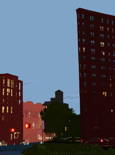 Grand Army Plaza iltahämärässä, noin 2020-24 (digitaalista taidetta) tekijältä Evan Sklar