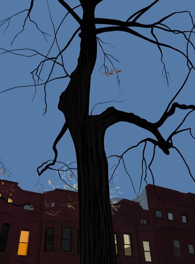 Talot ja puu yöllä, Brooklyn. (digitaalista taidetta) tekijältä Evan Sklar
