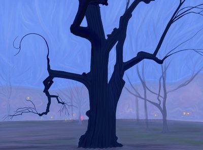 Suuri sininen puu yksin pellolla sumuinen aamu Twilight Brooklyn (digitaalista taidetta) tekijältä Evan Sklar