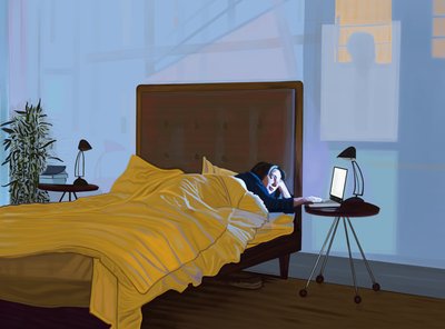 Michelle kannettavan tietokoneen kanssa sängyssä ja Manhattanin sillan varjossa (digitaalista taidetta) tekijältä Evan Sklar