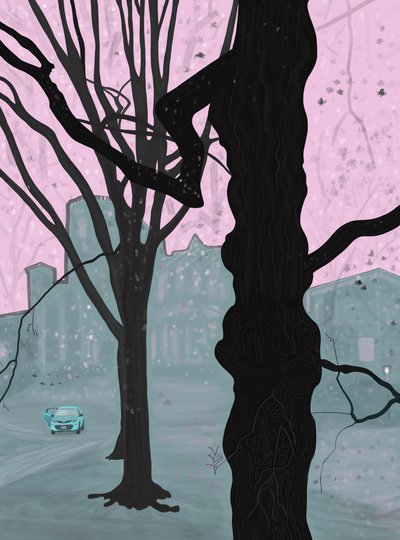 Vanha puu, vanha talo ja auto, Brooklyn (digitaalista taidetta) tekijältä Evan Sklar