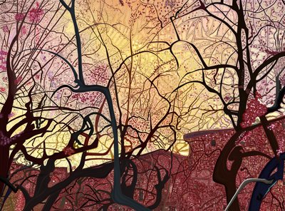 Oranssi taivas, rakennukset ja puut keväällä (digitaalista taidetta) tekijältä Evan Sklar