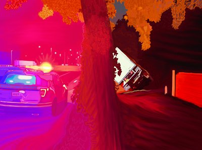 Kaatunut kuorma-auto, 2025 (digitaalista taidetta) tekijältä Evan Sklar