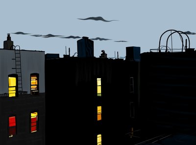 Roof Top ja rakennukset kesäyönä (digitaalista taidetta) tekijältä Evan Sklar