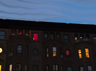 Rivitalot, joissa on värikkäät ja valaistut ikkunat, Brooklyn (digitaalista taidetta) tekijältä Evan Sklar