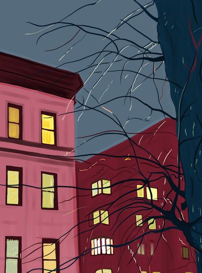 Orava puussa sateisena iltana, n.2020-24 (digitaalista taidetta) tekijältä Evan Sklar