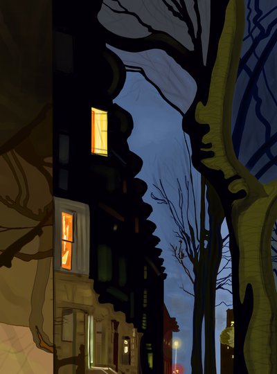 Street and Building Tops at Night (digitaalista taidetta) tekijältä Evan Sklar