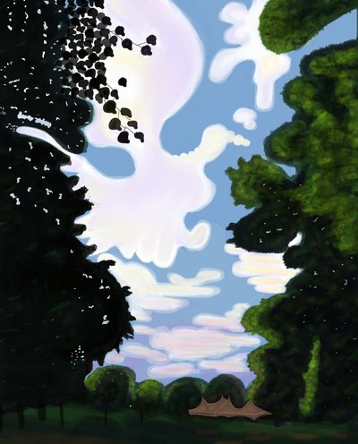 Teltta ja taivas, Prospect Park 2018 (käsin piirretty iPadilla ja Apple-kynällä). tekijältä Evan Sklar