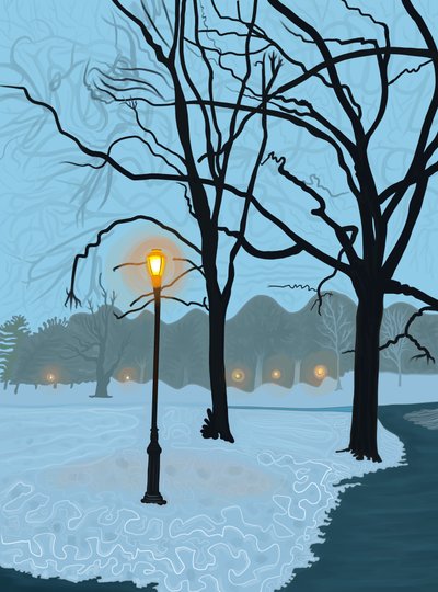 Puu heijastuu sulavan lumen lätäkköön, Brooklyn (digitaalista taidetta) tekijältä Evan Sklar